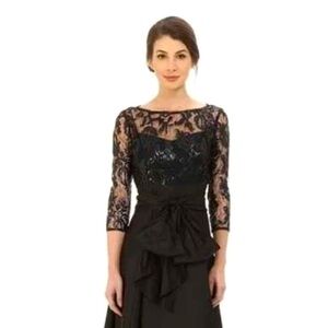 Adrianna Papell Black Sequin Lace Dress High Low Taffeta Gown Size 12